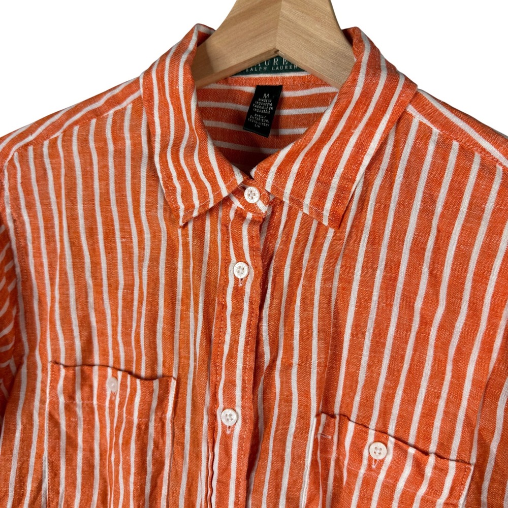 Lauren Ralph Lauren Orange White Striped 100% Linen Button Down Shirt Size M